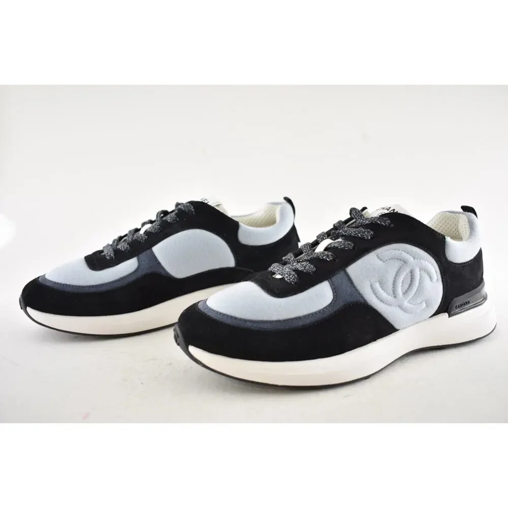 Chanel 22B Black Blue White CC Logo Suede Lace Up Flat Runner Trainer Sneaker 40